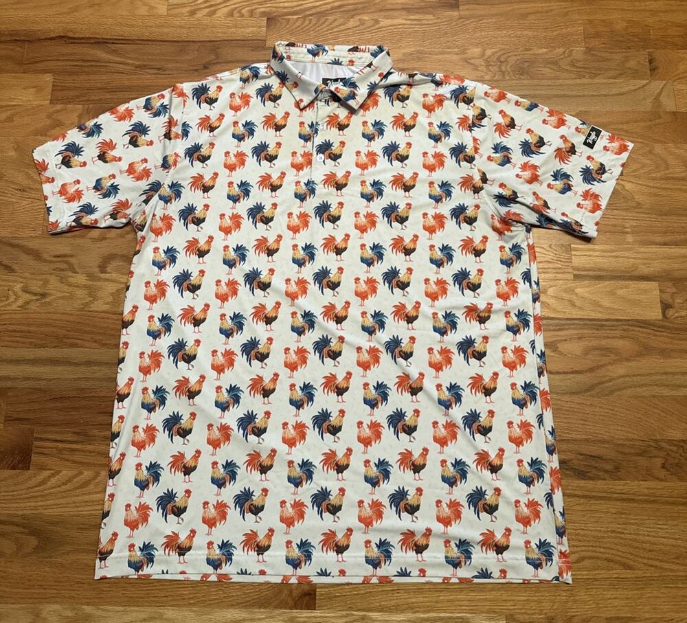 Waggle Feeling Cocky Rooster Golf Polo Men's 2XL Cream Performance Shirt